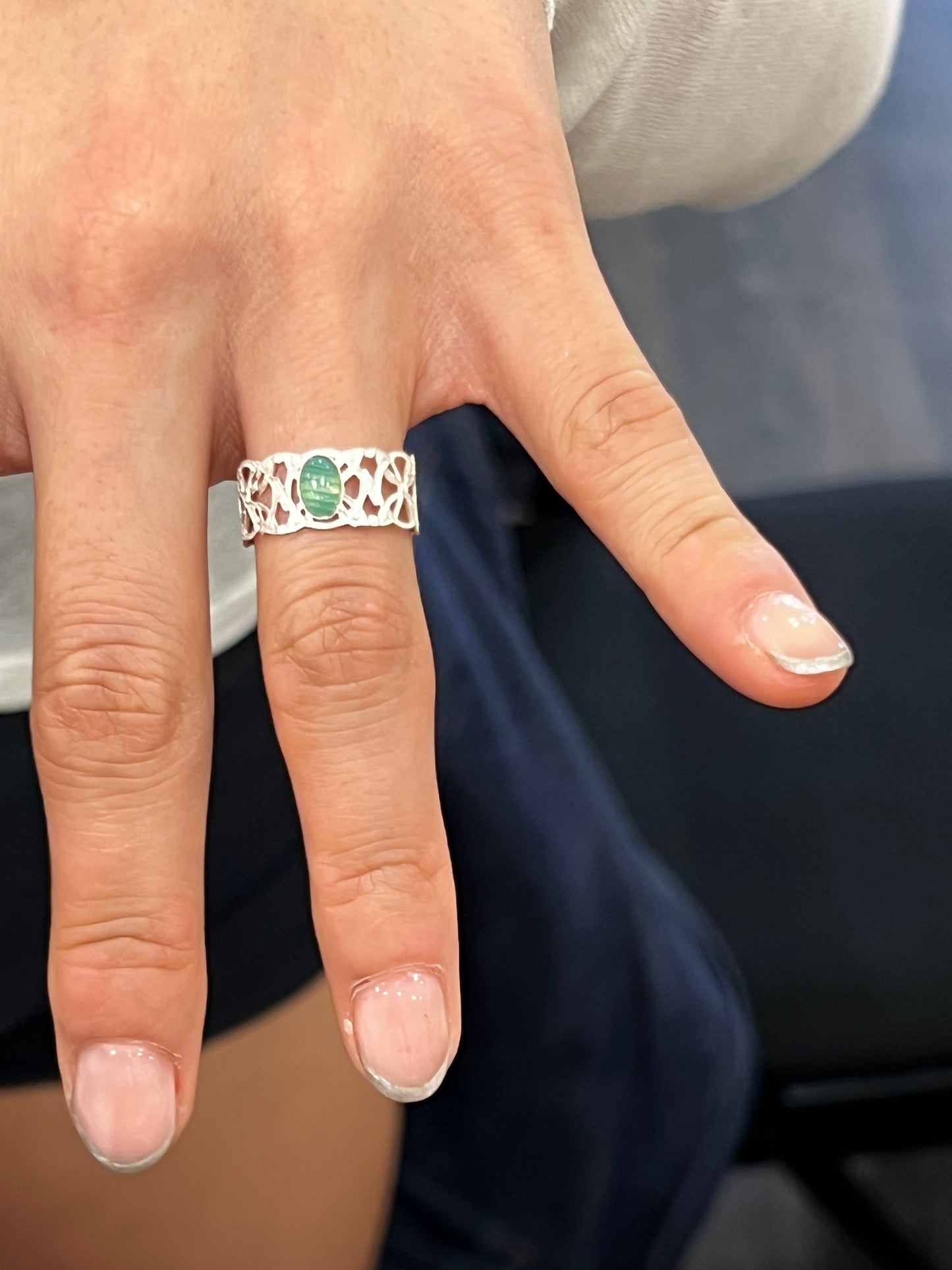 Filagree band ring with striped green agate