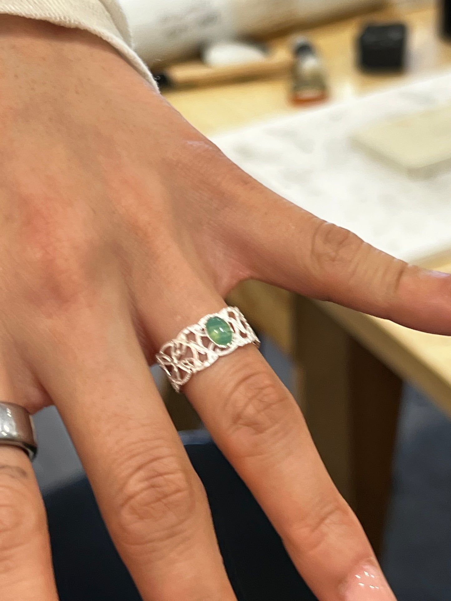 Filagree band ring with striped green agate