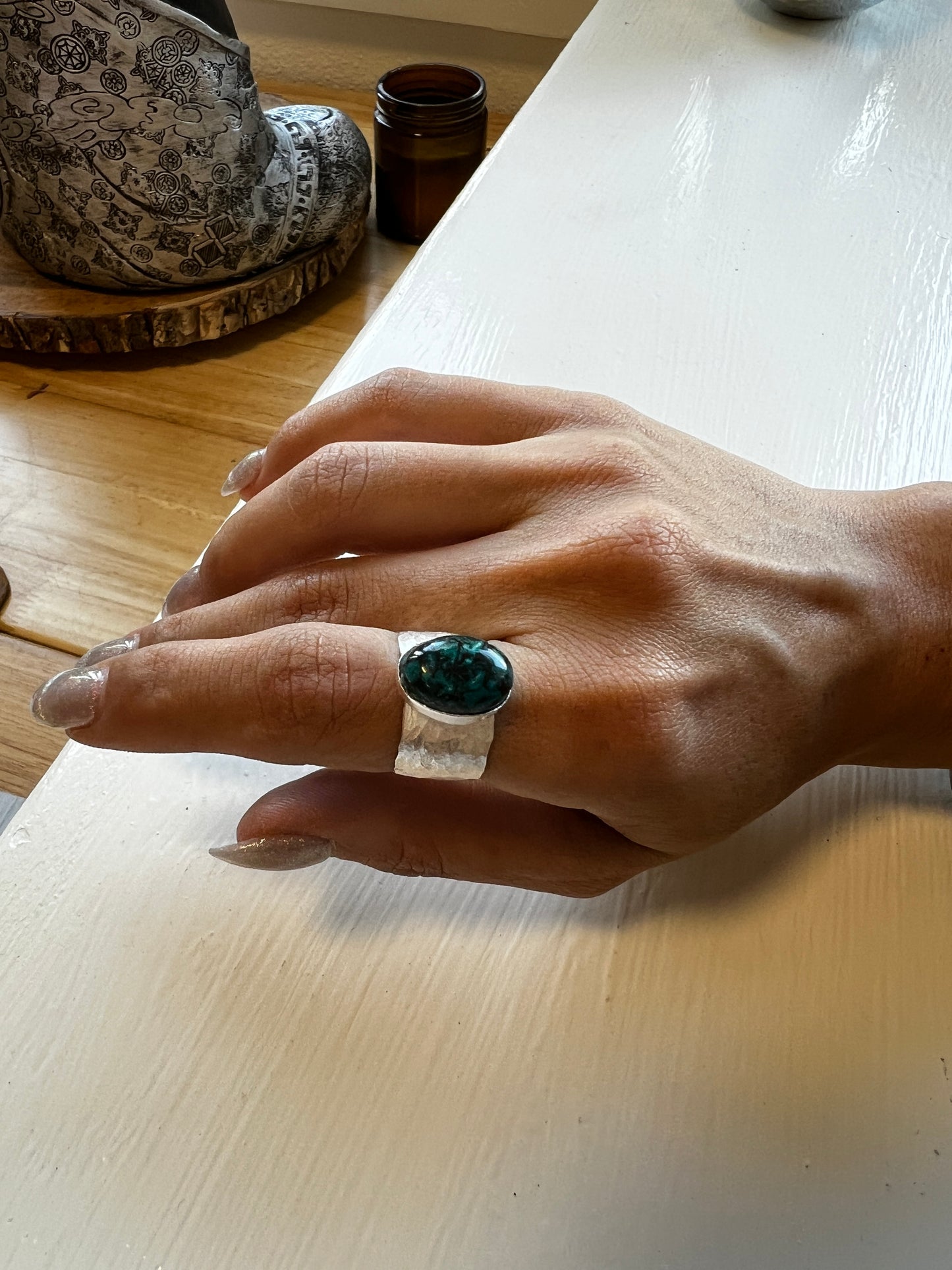 Super thick hammered .925 sterling silver band with gemstone