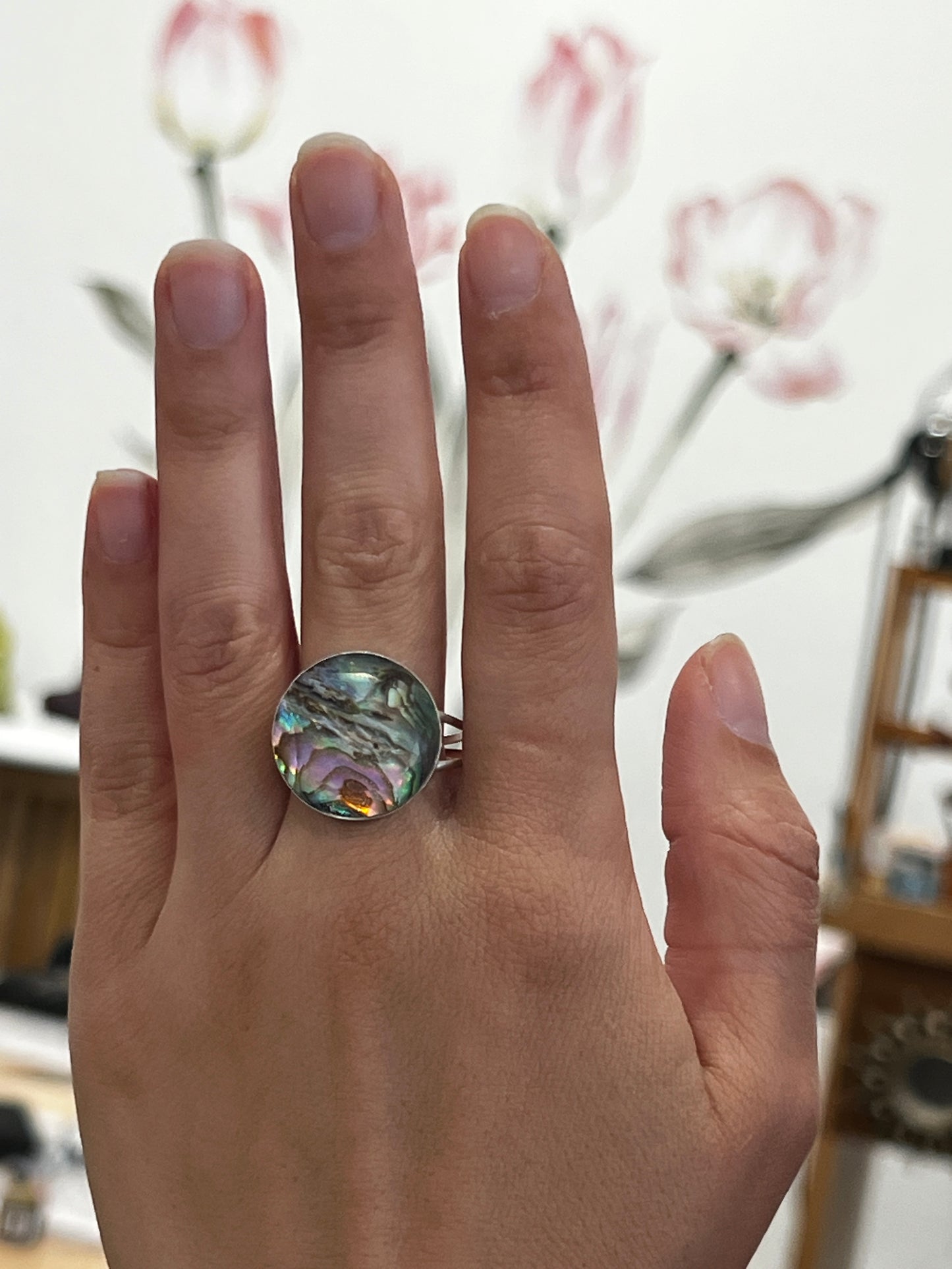 Gorgeous abalone and crystal statement ring