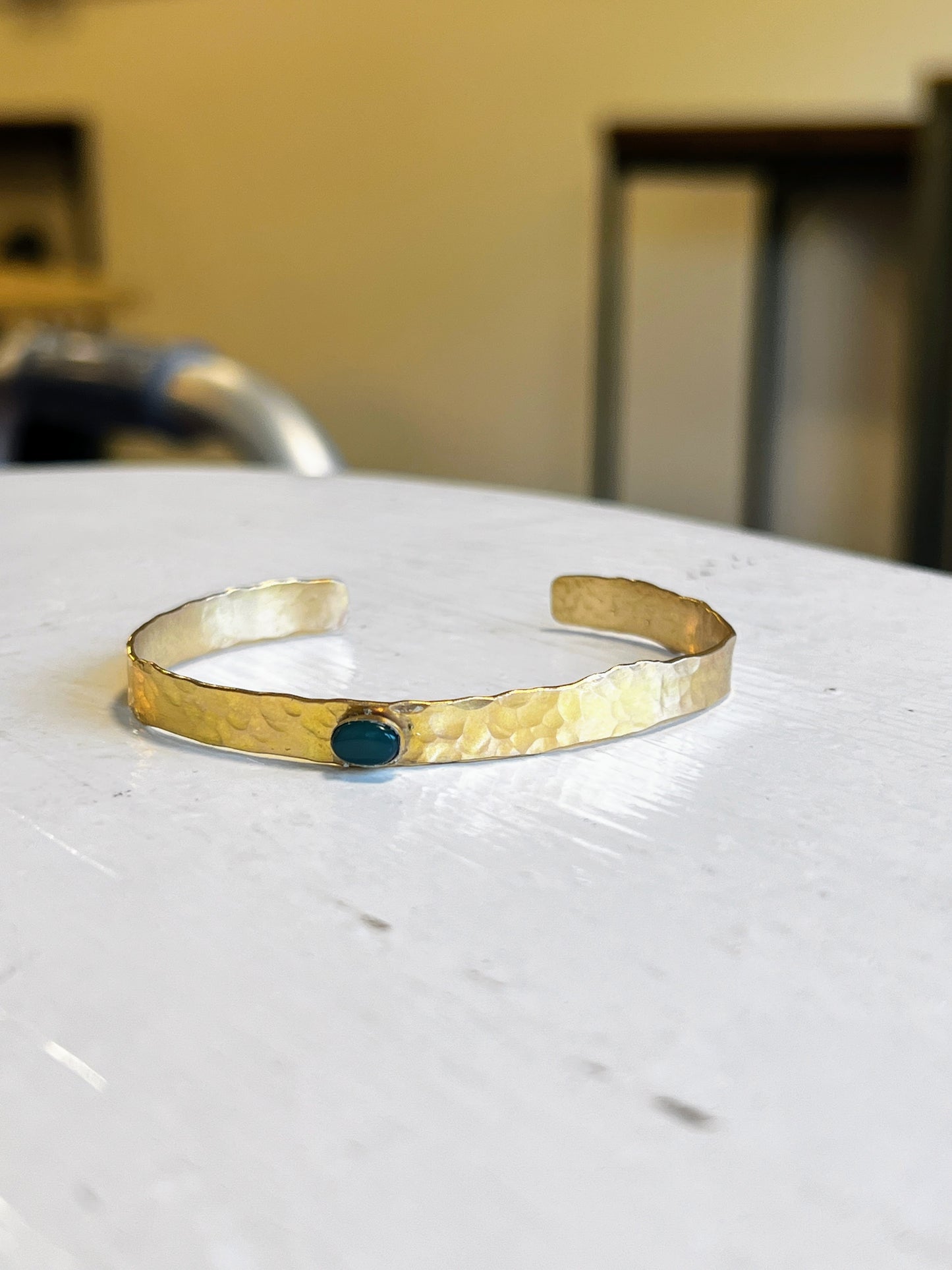 Handcrafted Thick Hammered 14K Gold Fill Cuff Bracelet with Stone – Made in California, Can Personalize