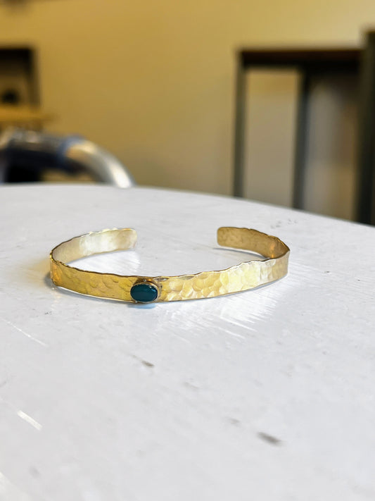Handcrafted Thick Hammered 14K Gold Fill Cuff Bracelet with Stone – Made in California, Can Personalize