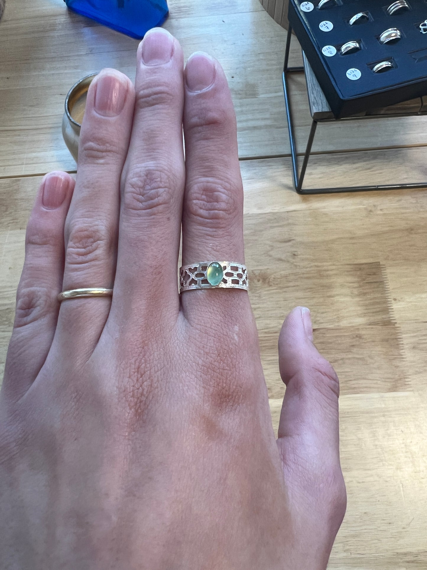 Filagree band ring with striped green agate