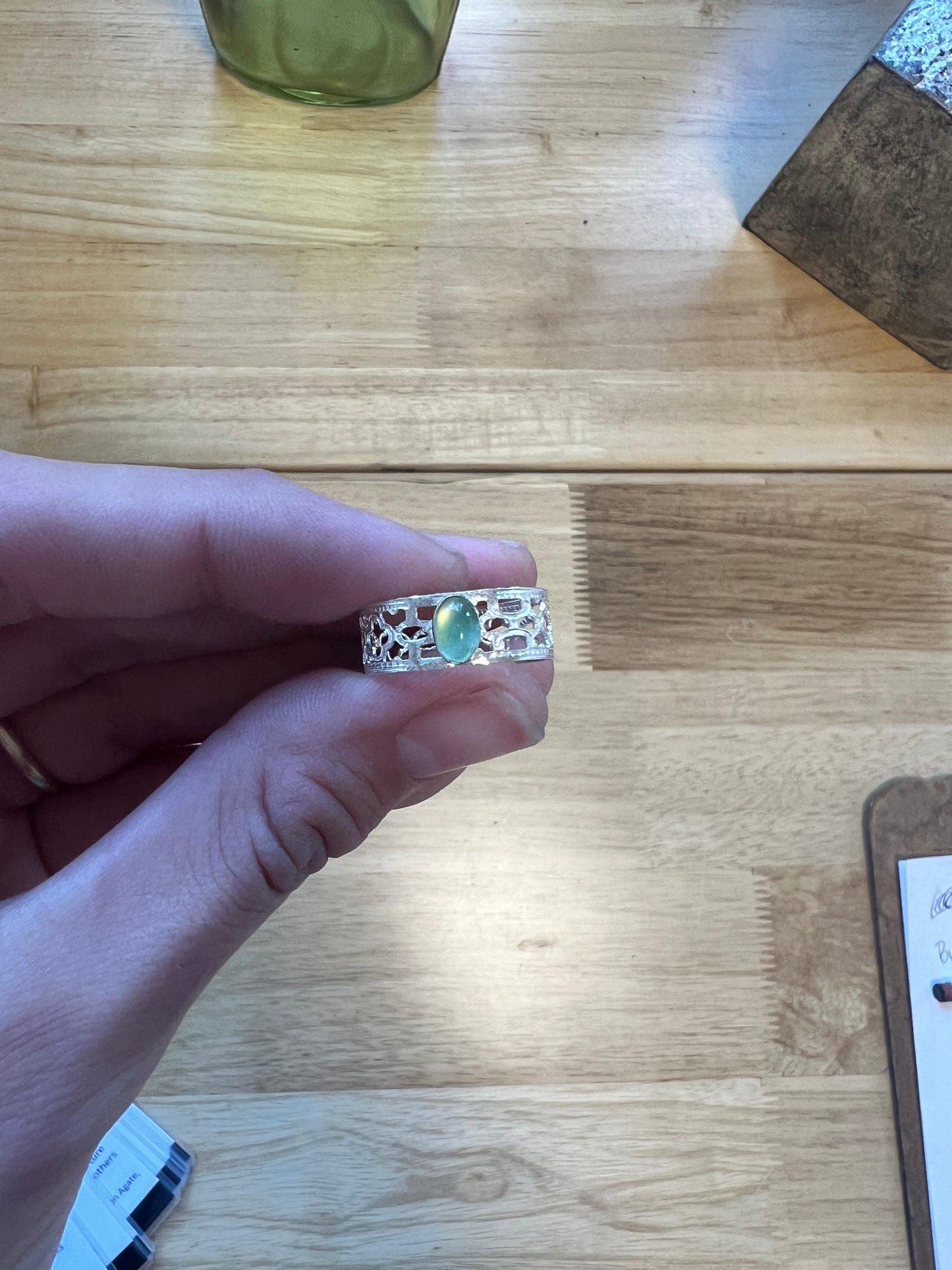 Filagree band ring with striped green agate