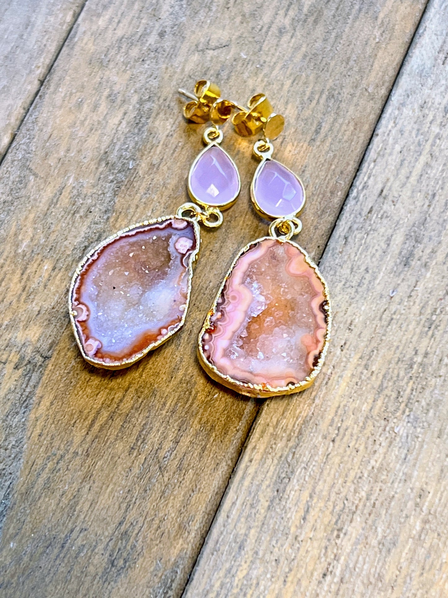 Pink Druzy Earrings in Gold