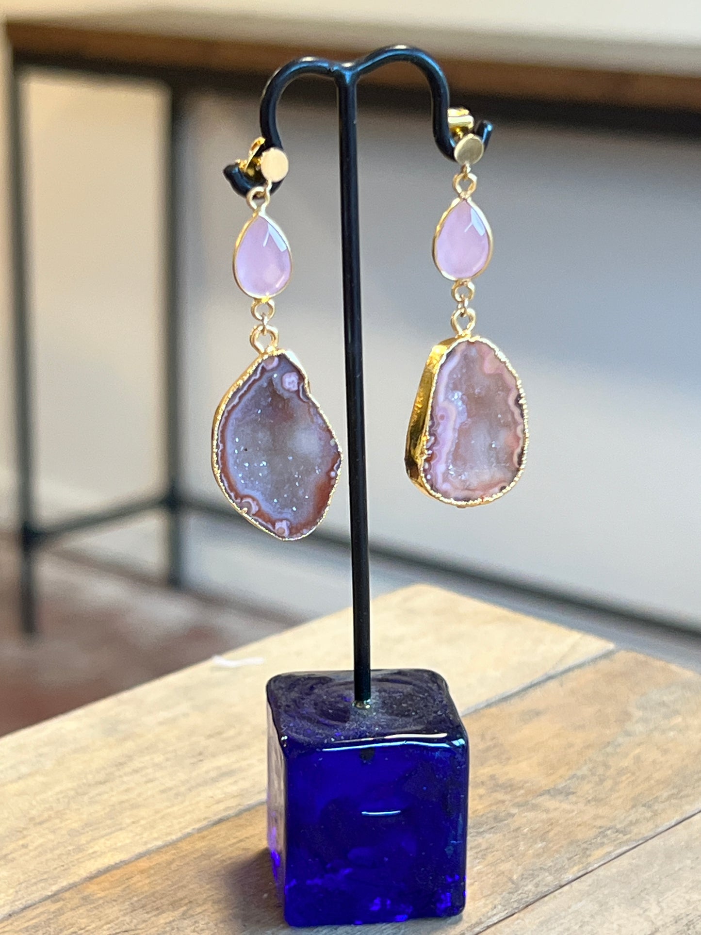 Pink Druzy Earrings in Gold