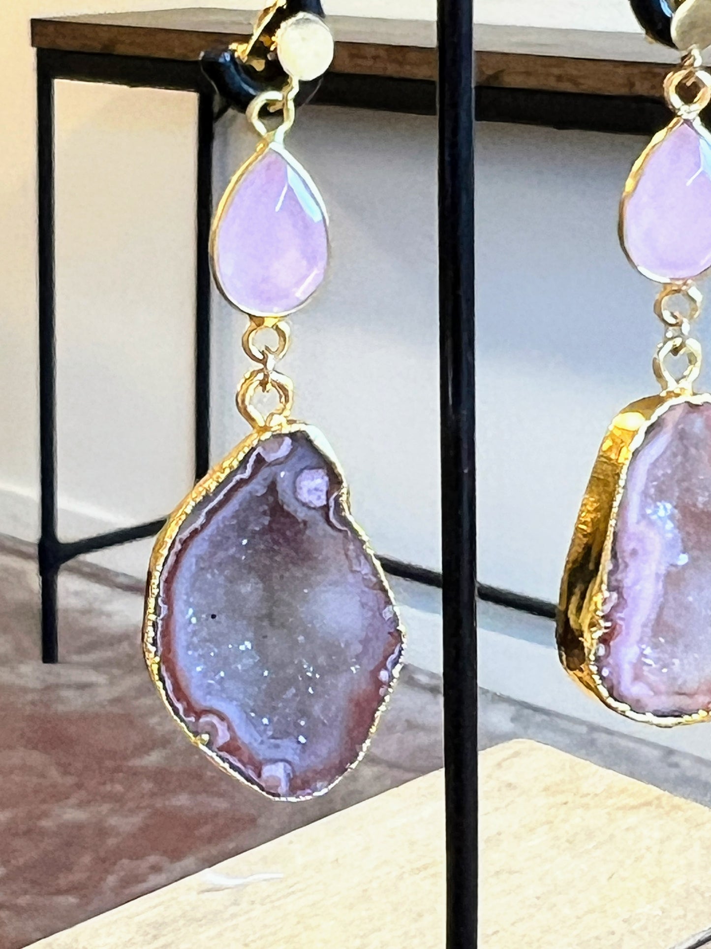 Pink Druzy Earrings in Gold