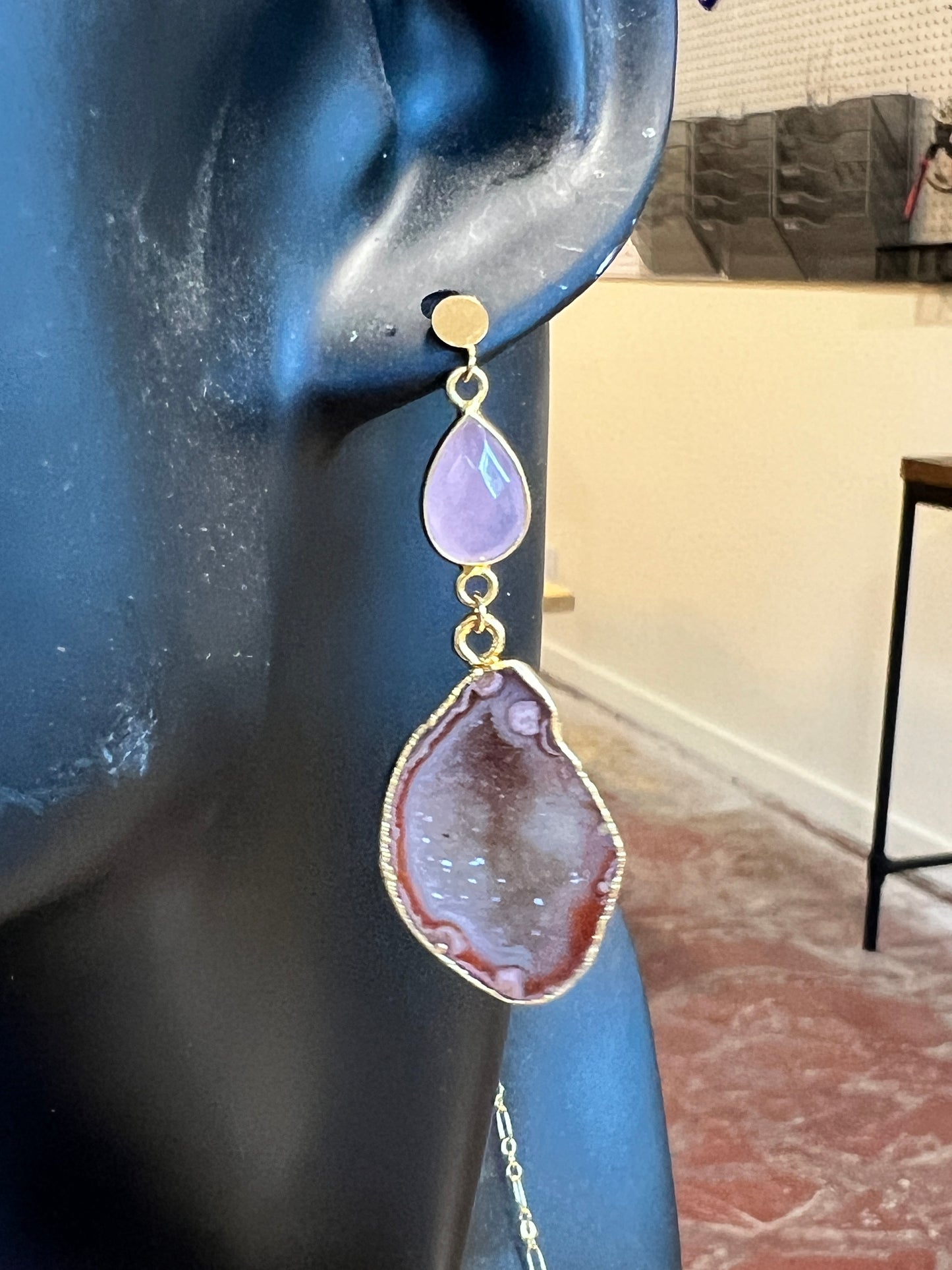 Pink Druzy Earrings in Gold