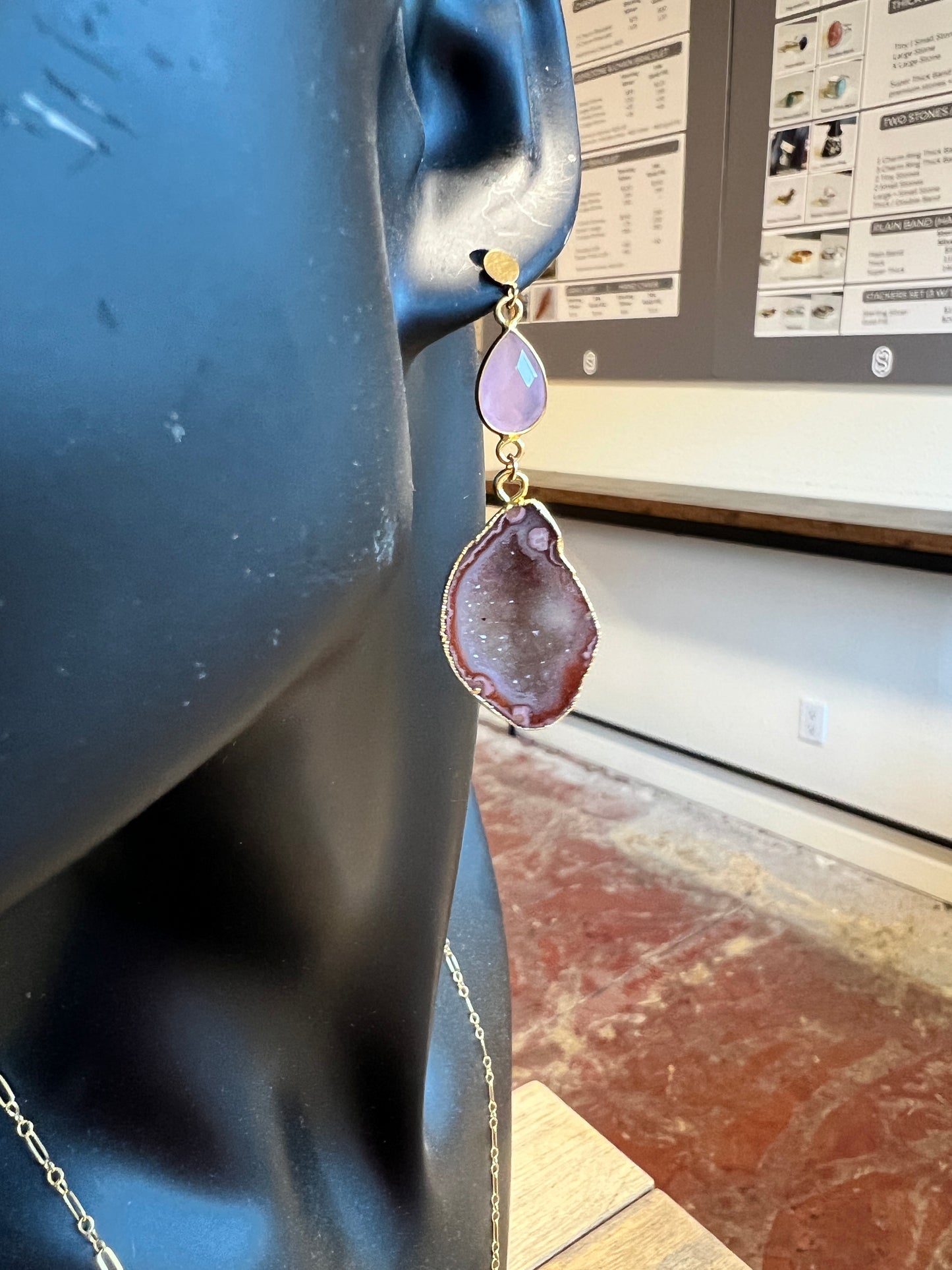 Pink Druzy Earrings in Gold