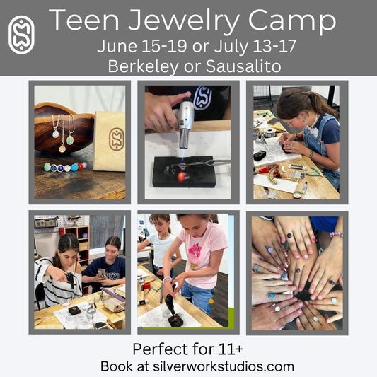 Advertisement for Teen Jewelry Camp with images of jewelry-making activities and text details.