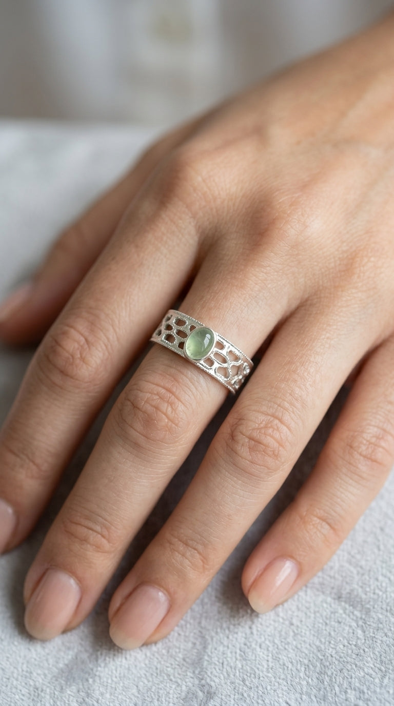 Filagree band ring with striped green agate