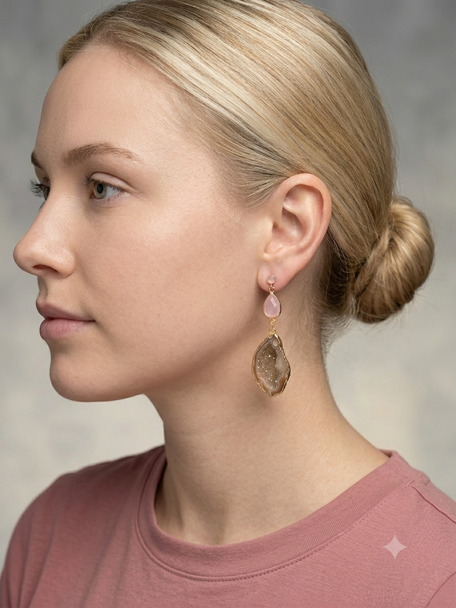 Pink Druzy Earrings in Gold