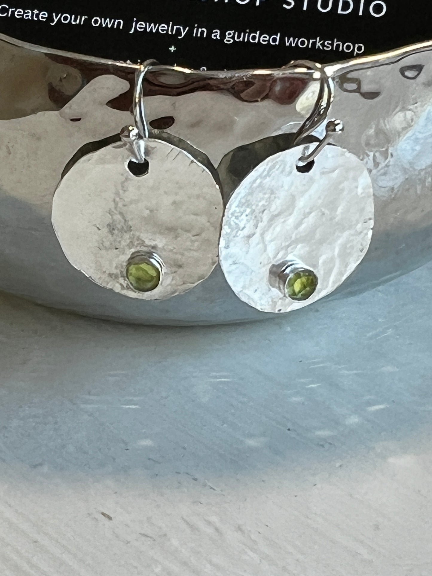 Sterling Silver Hammered Circle Earrings with Small. Stones