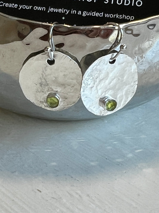 Sterling Silver Hammered Circle Earrings with Small. Stones