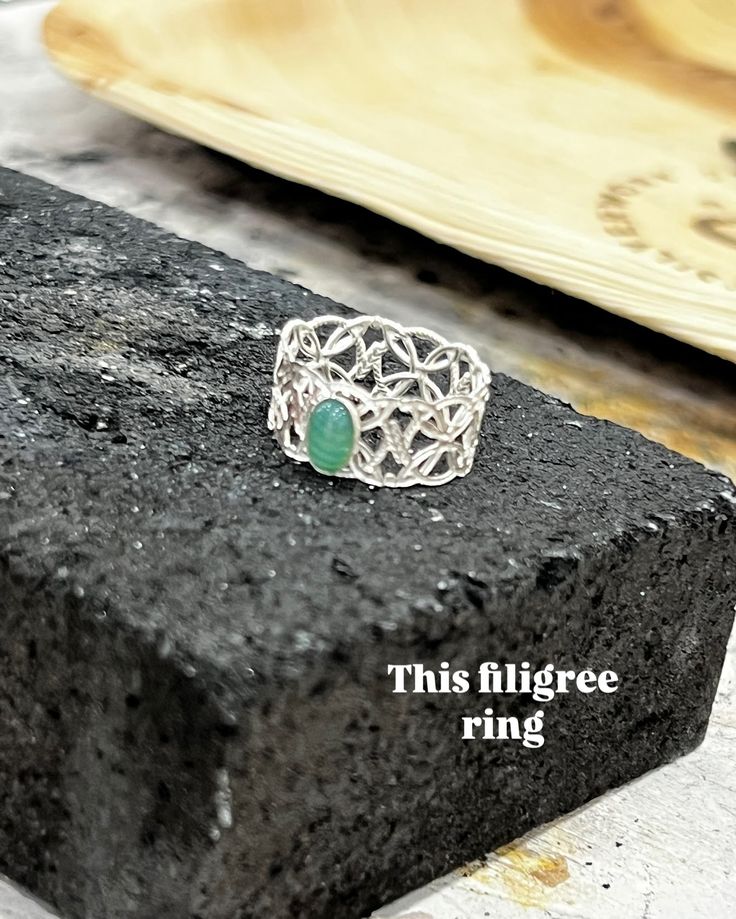 Filagree band ring with striped green agate
